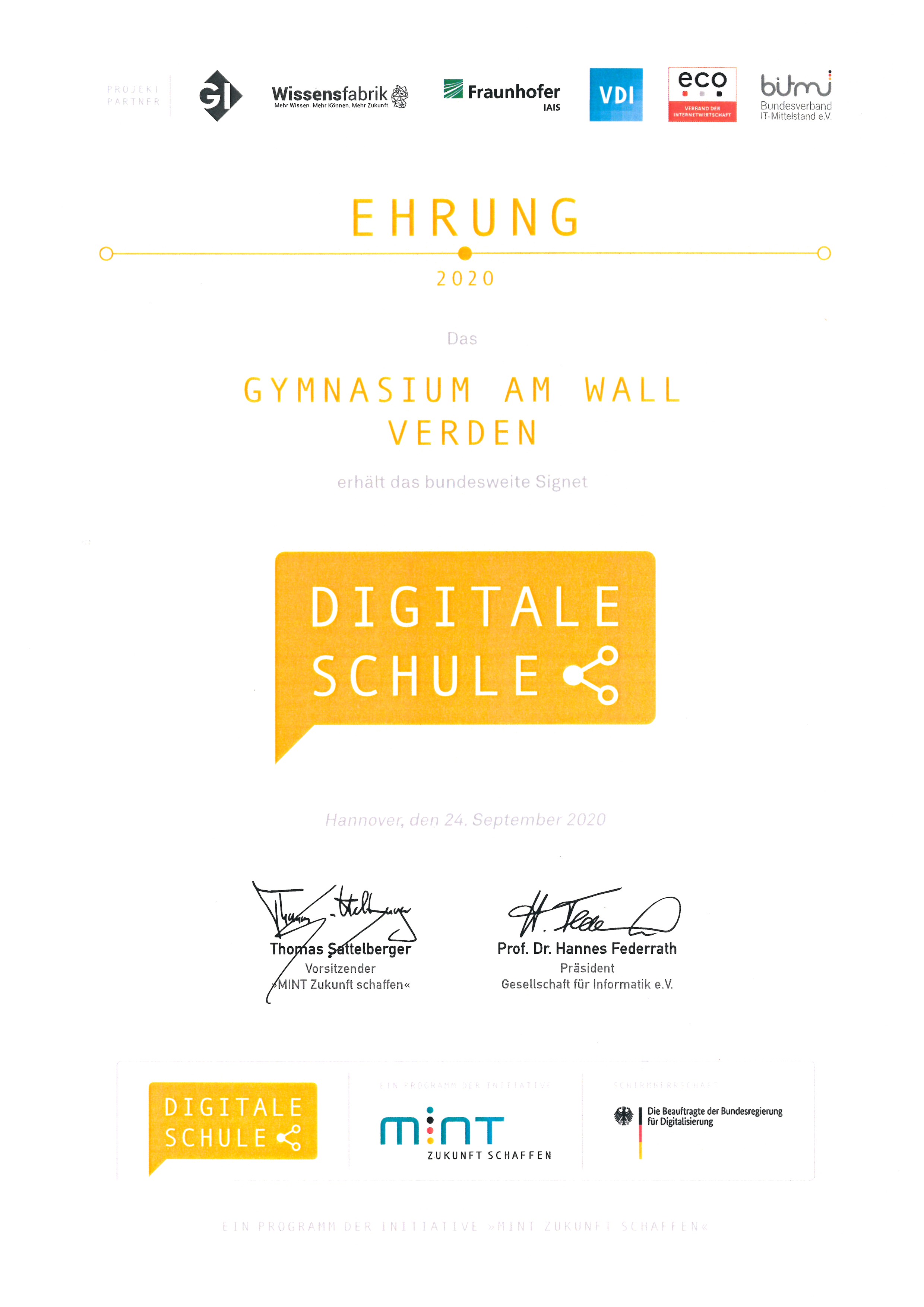 Digitale Schule 2020 Urkunde